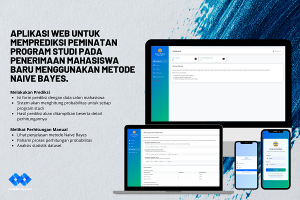 Aplikasi web untuk memprediksi peminatan program studi pada penerimaan mahasiswa baru menggunakan metode Naive Bayes.